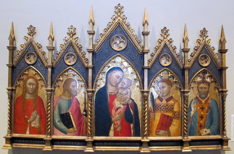 İsa Anası ve Çocuk, Aziz Meryem-Magdalena, Aziz Yakup Büyük, Aziz Stefan ve bir piskopos ile - Allegretto Nuzi