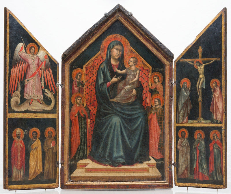 İsa Çocuk Heykeli ve Aziz Lucie, Marguerite, Meryem Magdalene ve Alexandria'dan Catherine ile Taç Giydirilmiş Vierge à l'Enfant - Aziz Cecilia Ustası