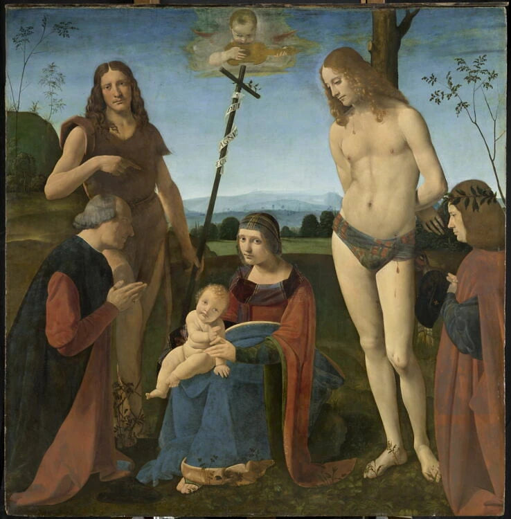 La Vierge à l'Enfant et les saints Jean Baptiste et Sébastien entre deux donateurs (Giacomo di Marchione de Pandolfi da Casio et son fils Girolamo, poète) - Giovanni Antonio Boltraffio