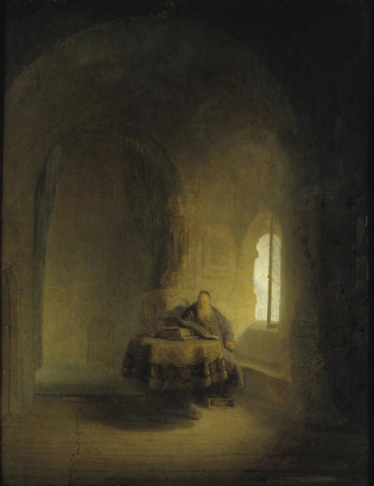 Bir pencereden eski bir bilim insanı, kemerli bir odada - Rembrandt
