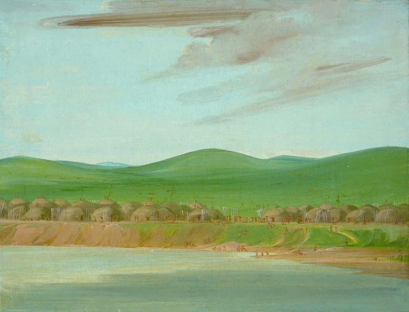 Saint-Louis'in 2.600 km üzerinde, toprakla kaplı Arikara köyü lodgeleri - George Catlin