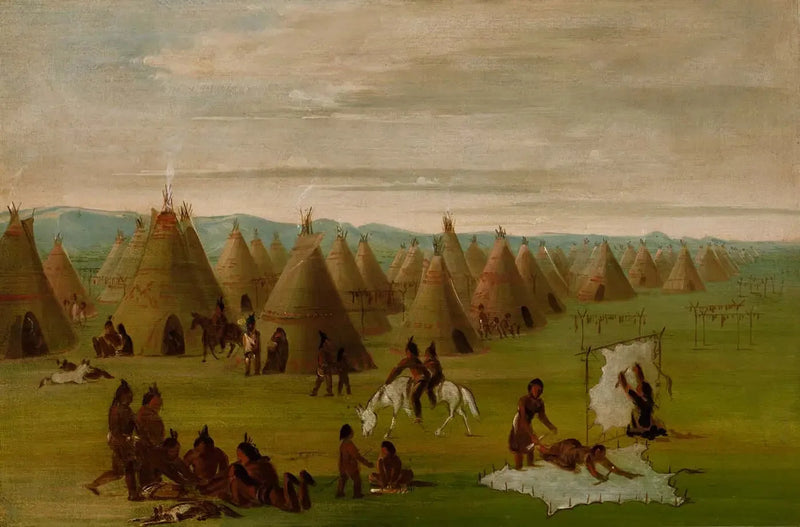 Comanche Köyü, kadınlar elbiselerini hazırlarken ve eti kuruturken - George Catlin