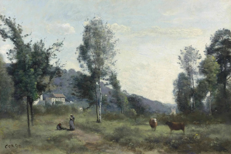 Ville d'Avray, sislik ve arka planda sis içinde bir yamaç - Jean-Baptiste Camille Corot