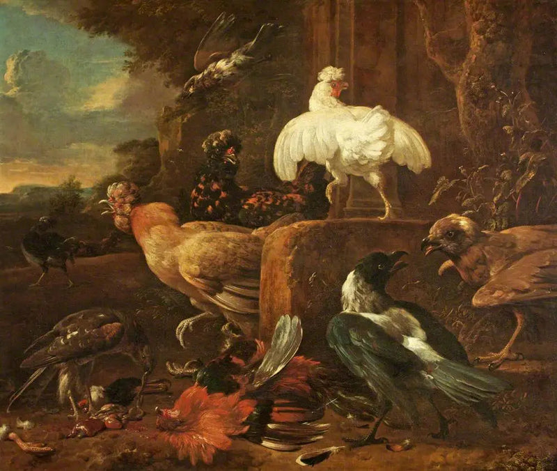 Yırtıcı kuşlar tarafından saldırıya uğramış kümes hayvanları manzarası - Melchior de Hondecoeter