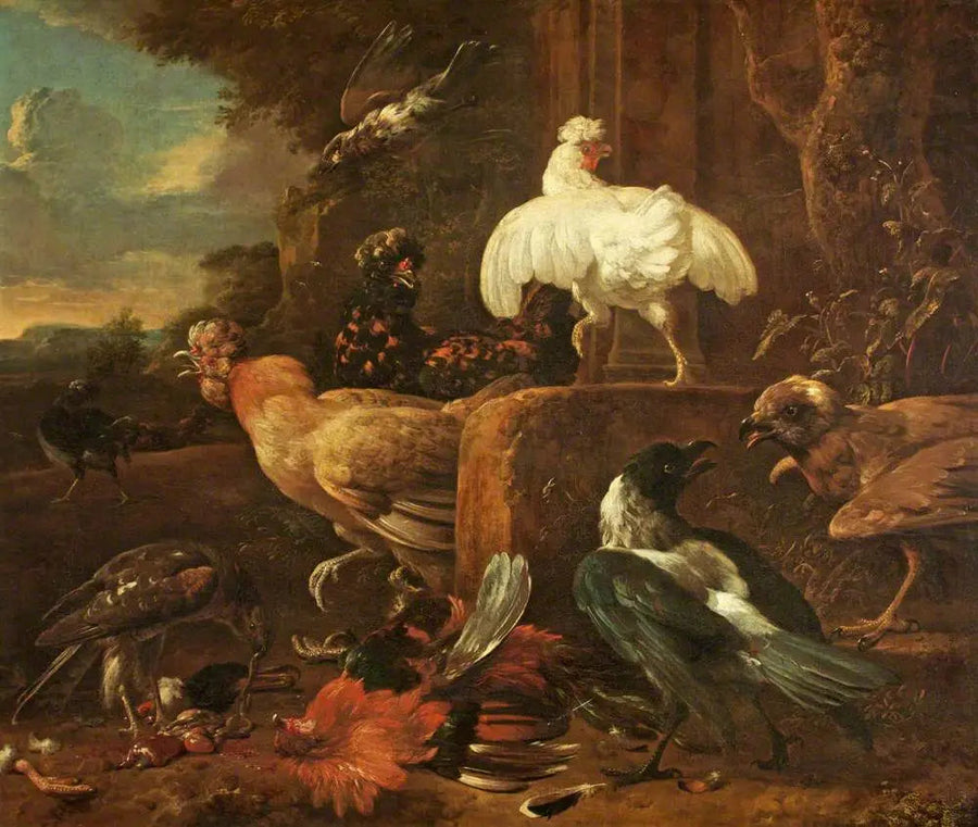 Yırtıcı kuşlar tarafından saldırıya uğramış kümes hayvanları manzarası - Melchior de Hondecoeter