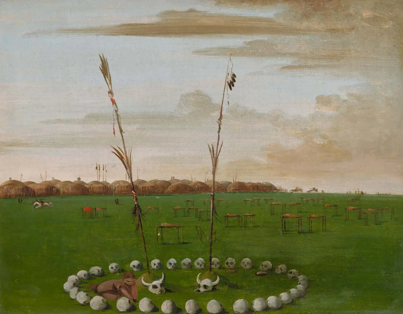 Mandan köyünün arka görünümü, mezarlık gösteriliyor - George Catlin