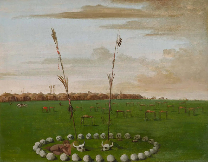 Mandan köyünün arka görünümü, mezarlık gösteriliyor - George Catlin