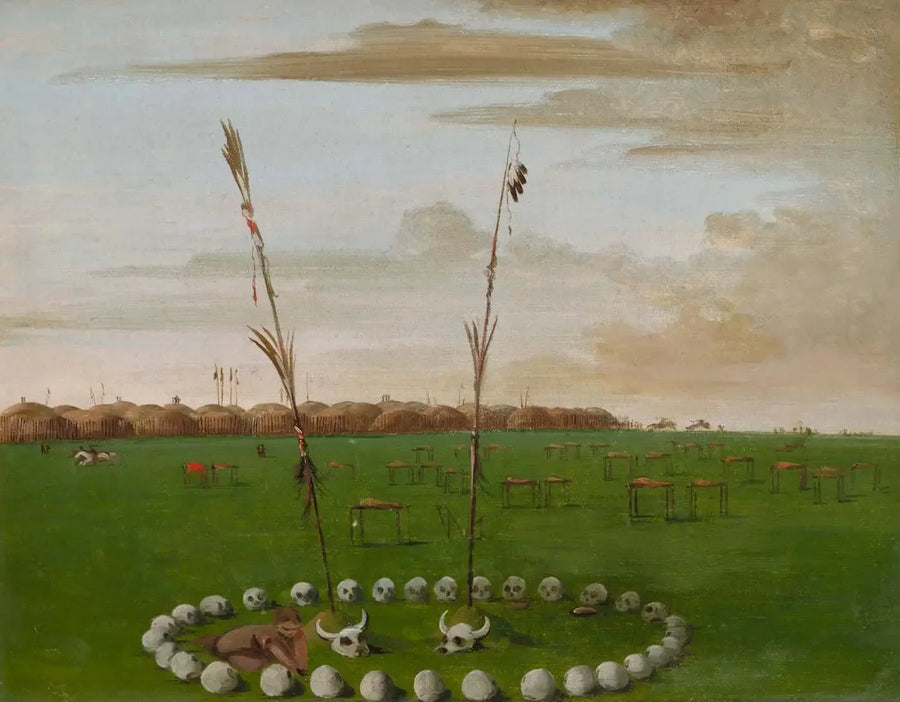 Mandan köyünün arka görünümü, mezarlık gösteriliyor - George Catlin