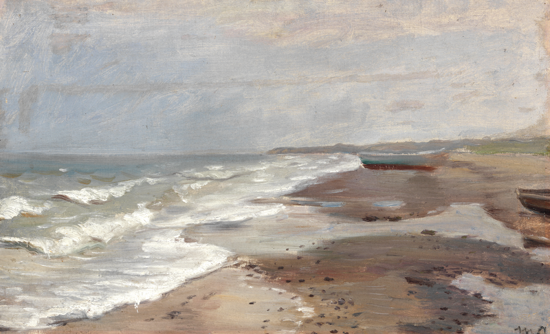 Skagen plajından kıyı manzarası, kıyıda balıkçı tekneleriyle - Michael Peter Ancher