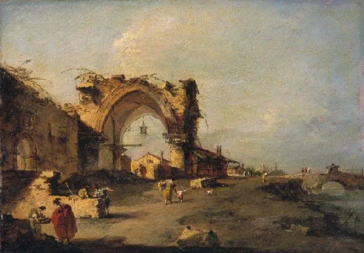 Harabe bir köy manzarası, bir köprü ve görkemli Gotik kapı - Francesco Guardi
