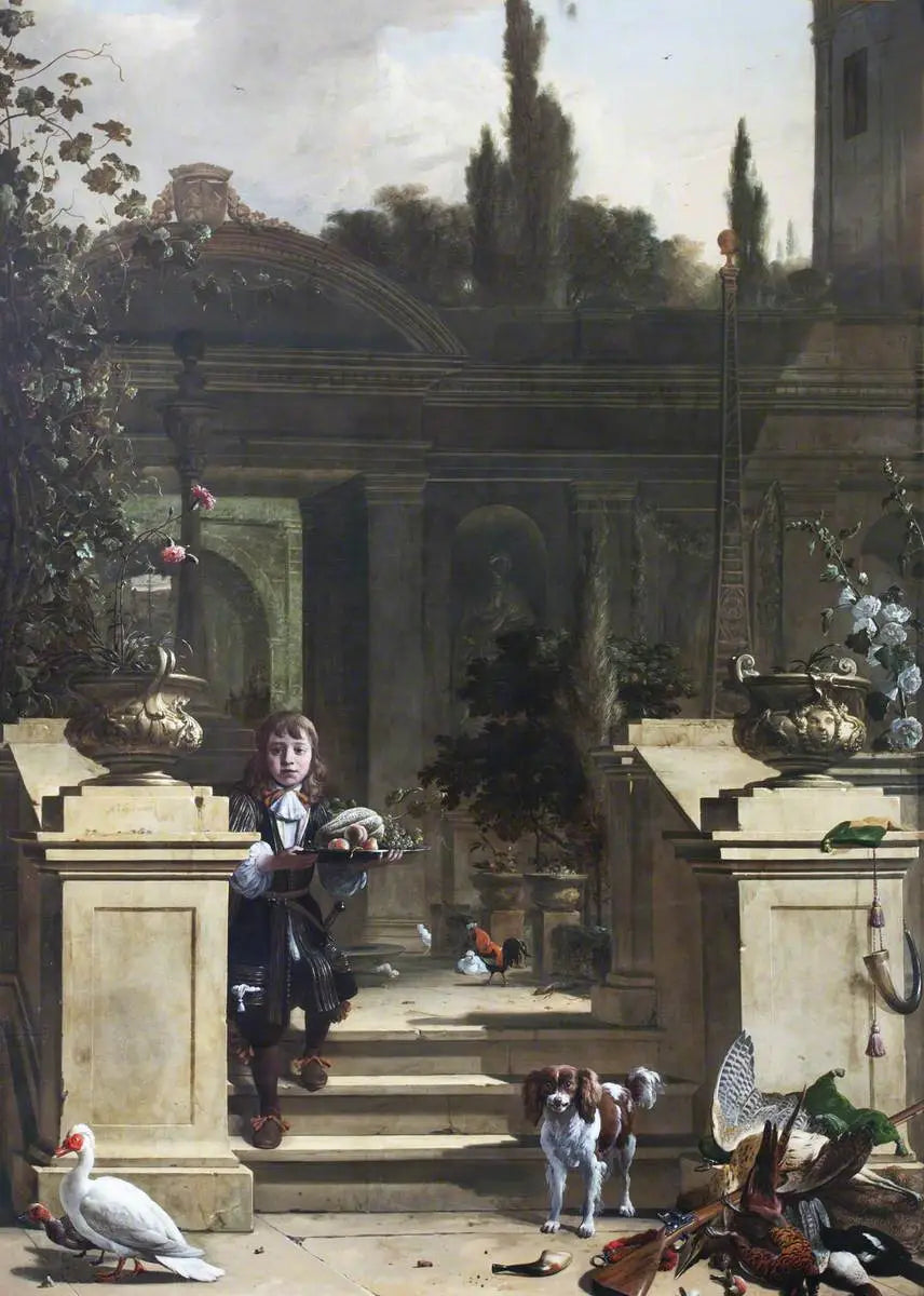 Bir teras manzarası ve aşağıya inen bir sayfa - Melchior de Hondecoeter