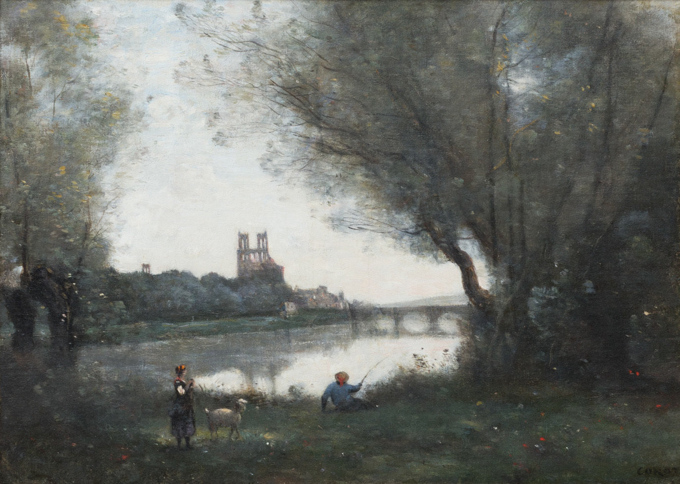 Vue de la cathédrale et du pont de Mantes, avec un chevrier et un pêcheur - Jean-Baptiste Camille Corot