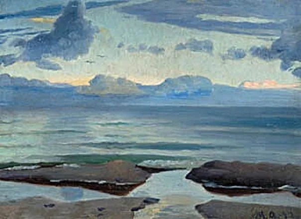 Skagen plajı manzarası, ufukta martılarla, akşamın başında. - Michael Peter Ancher