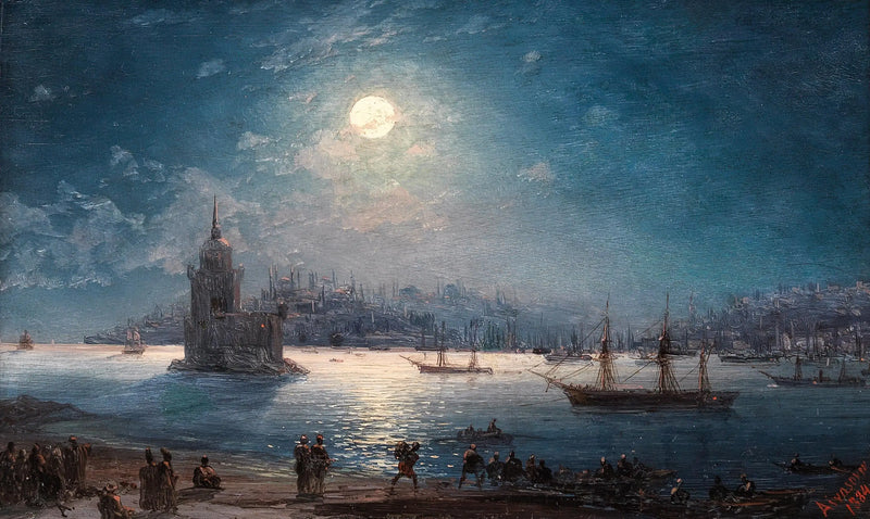 Ayasofya ve Kız Kulesi ile Boğaziçi manzarası, ay ışığında - Ivan Aïvazovski