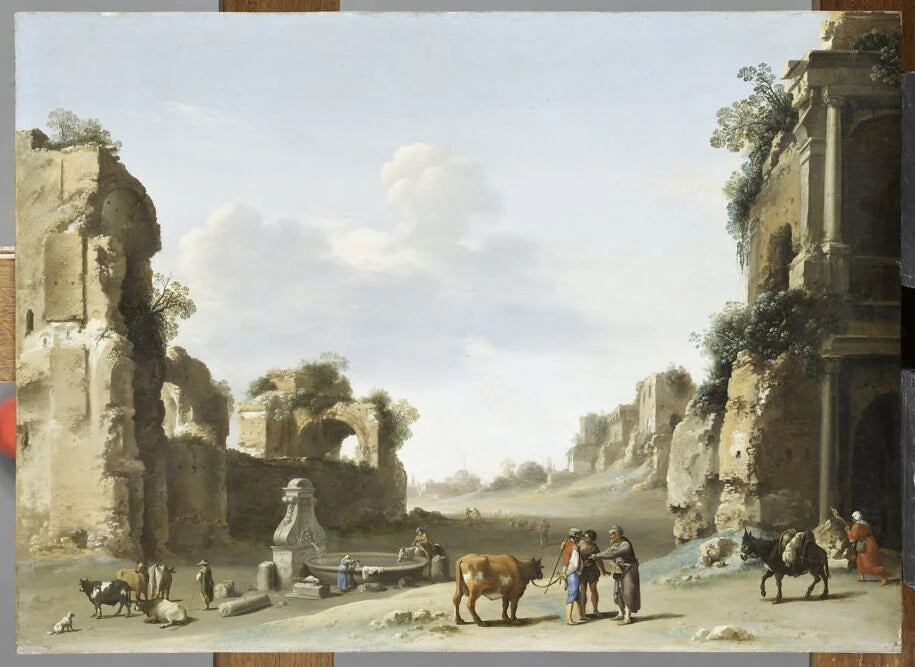 Vue de fantaisie du Campo Vaccino à Rome avec un âne - Cornelis van Poelenburgh