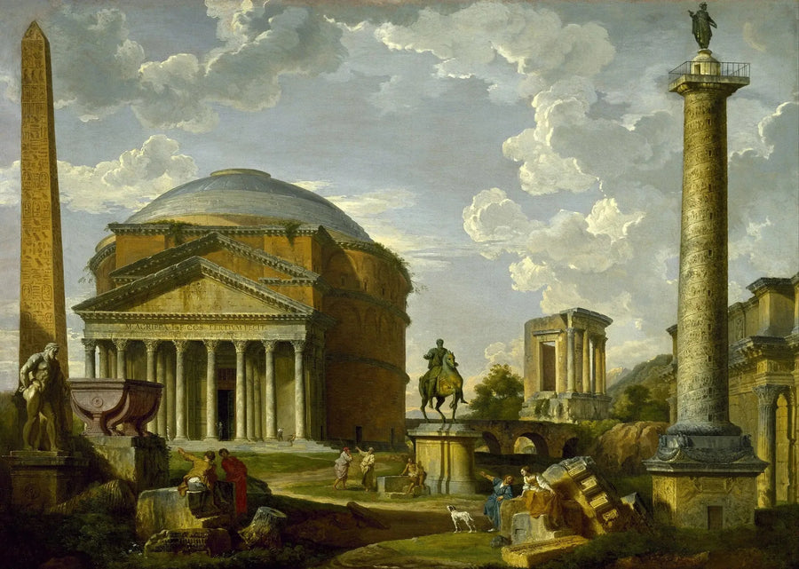Roma Antik Çağ'dan Panthéon ve diğer anıtların muhteşem manzarası - Giovanni Paolo Panini