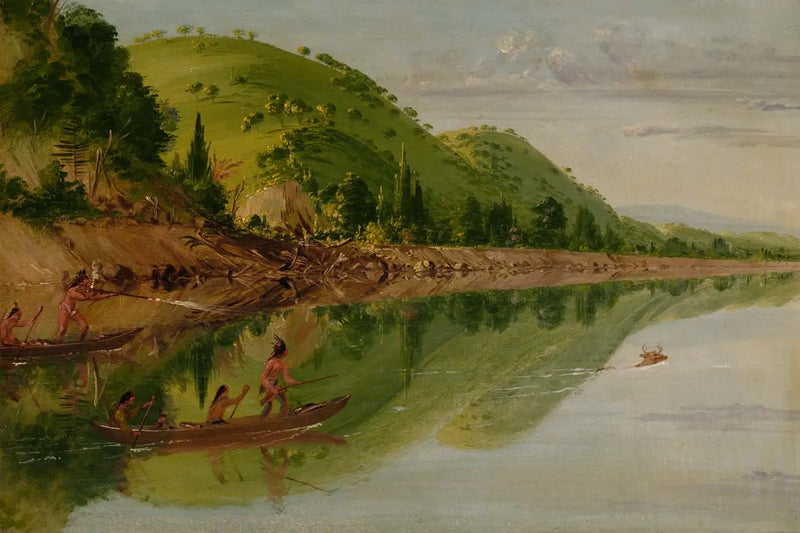 George Catlin - Kanoylarında bir geyik peşinde Sioux Kızılderilileri ile Saint-Pierre Nehri manzarası