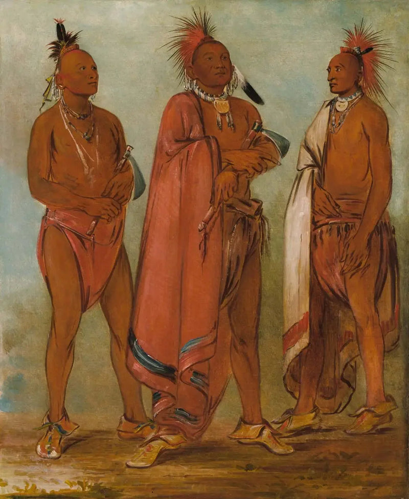 Wa-másh-ee-sheek, Çıkaran; Wa-chésh-uk, Savaş; Mink-chésk, Üç seçkin genç adam - George Catlin