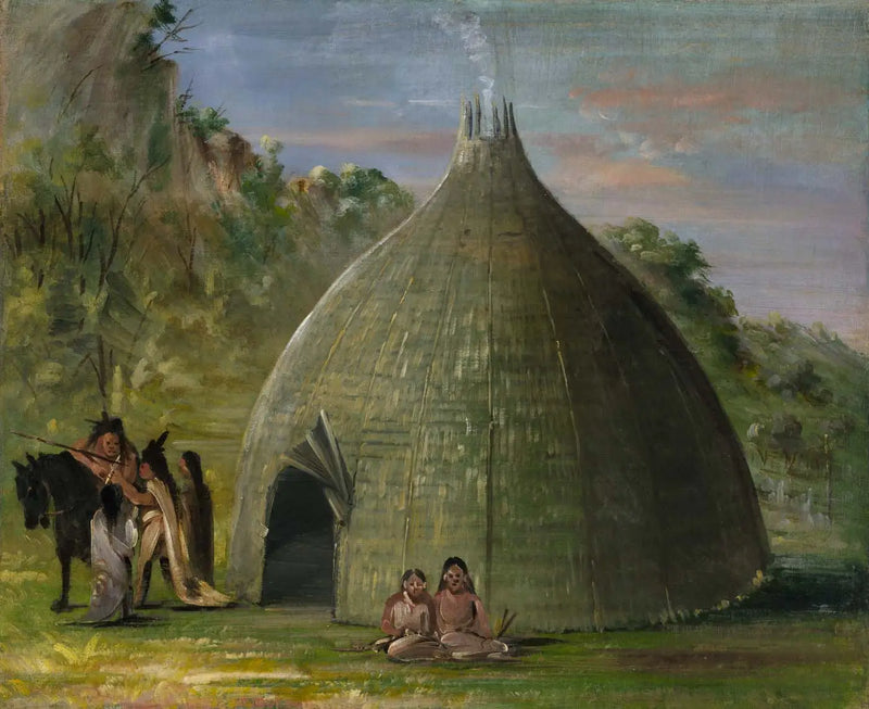 Wichita Lodge, çatı sazı ve çayır otlarıyla - George Catlin