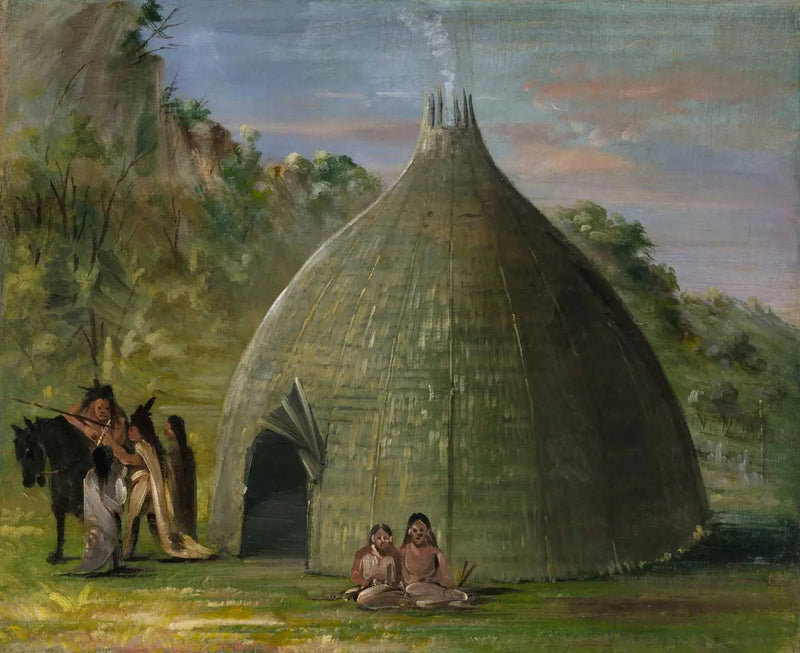 Wichita Lodge, çatı sazı ve çayır otlarıyla - George Catlin